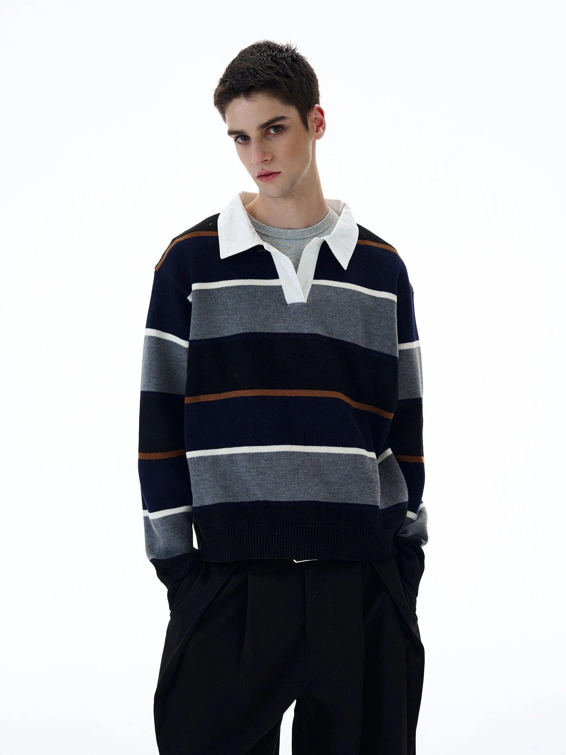 RT No. 20027 STRIPED POLO COLLAR SWEATER Product Image