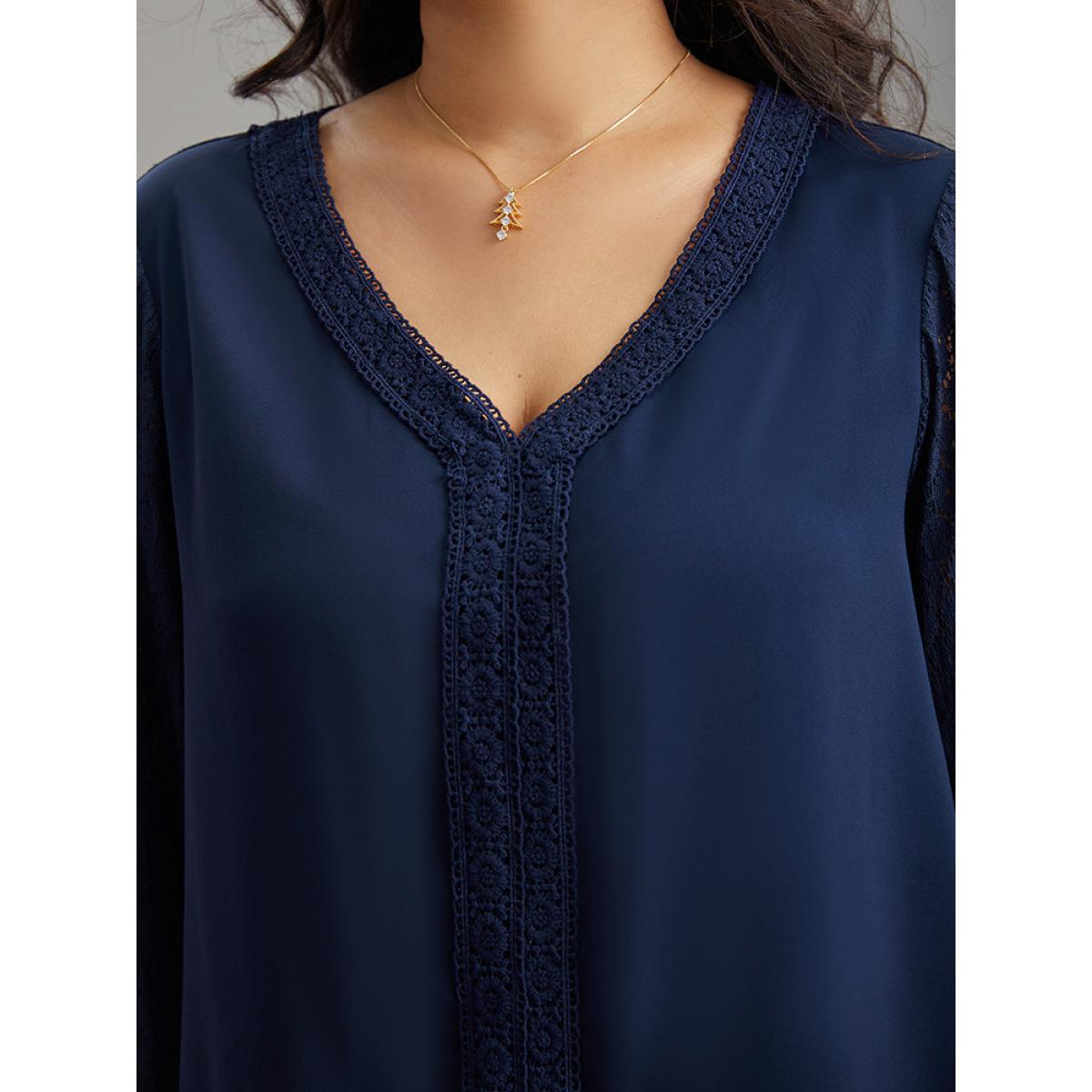 Plus Size Indigo V Neck Guipure Lace Lantern Sleeve Blouse Women Office Long Sleeve V-neck Office Blouses BloomChic 30/6X Product Image