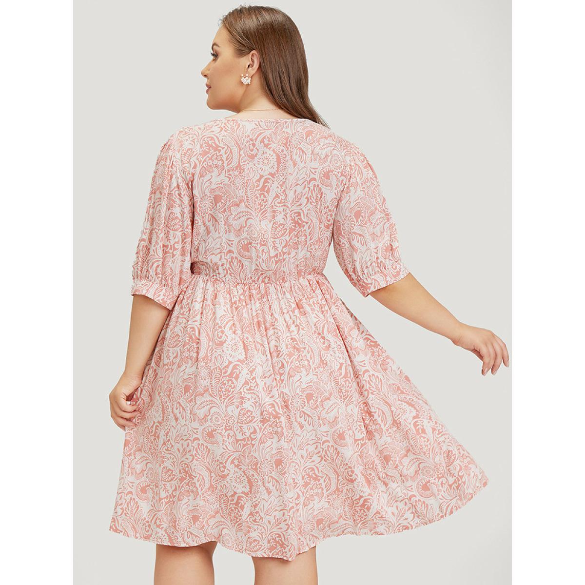 Plus Size Floral Puff Sleeve Pocket Flutter Keyhole Knot Neck Dress Coral Women Vacation Ruffles Tie Neck Short sleeve Curvy Knee Dress BloomChic 14-16/1X Product Image