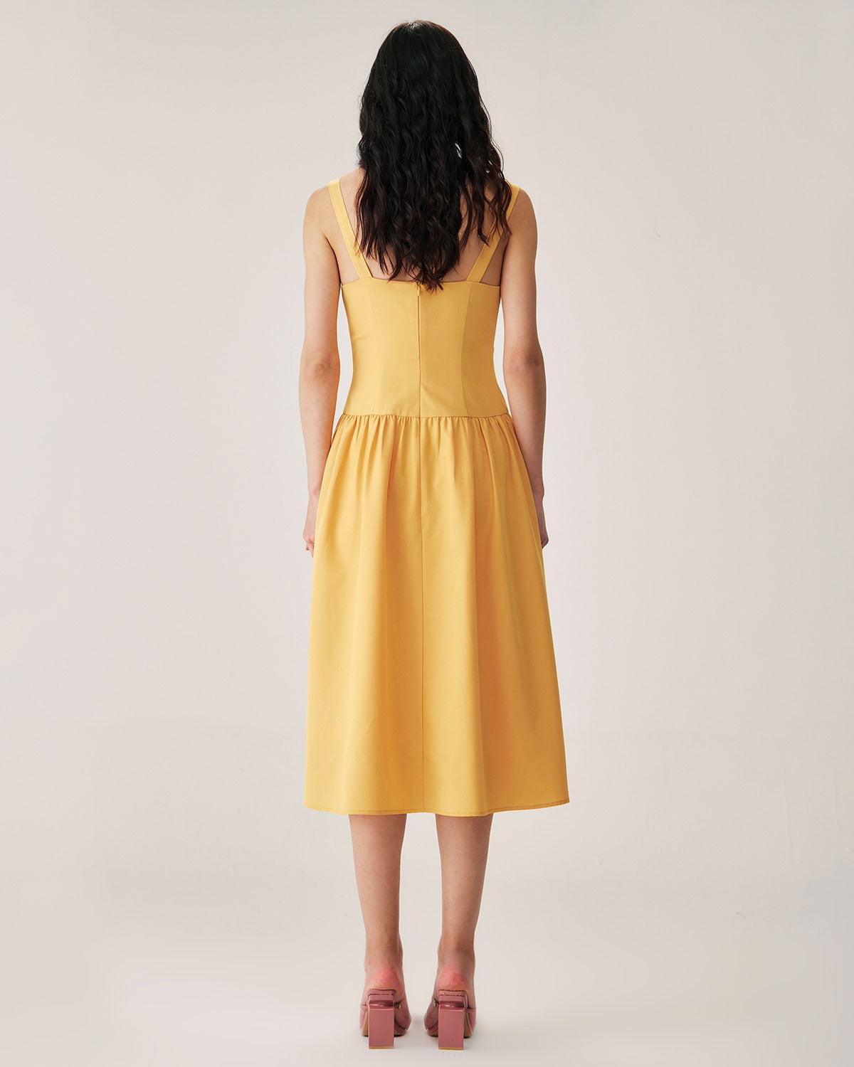 Yellow Button Pleated Slip Midi Dress Product Image