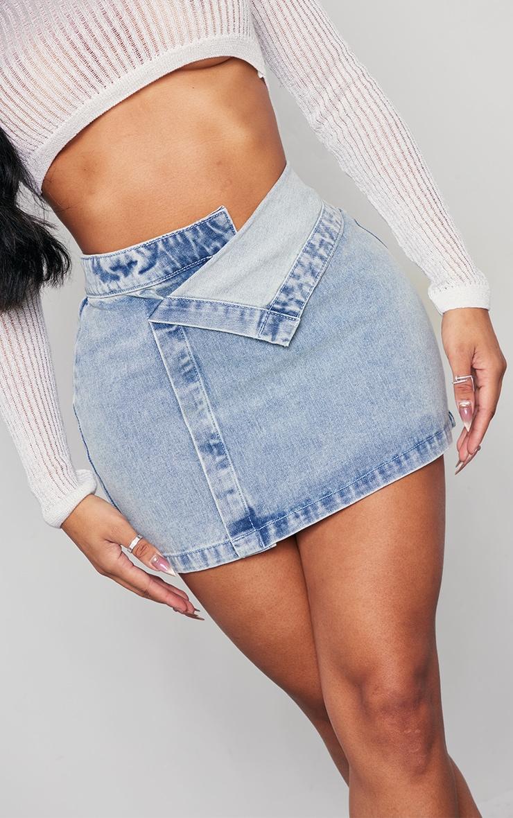 Shape Washed Blue Denim Foldover Waist Mini Skirt Product Image