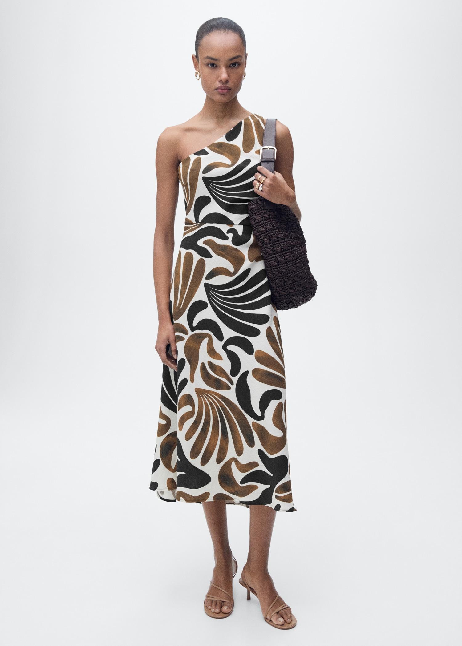 Printed dress with asymmetrical neck - Women | MANGO USA Product Image
