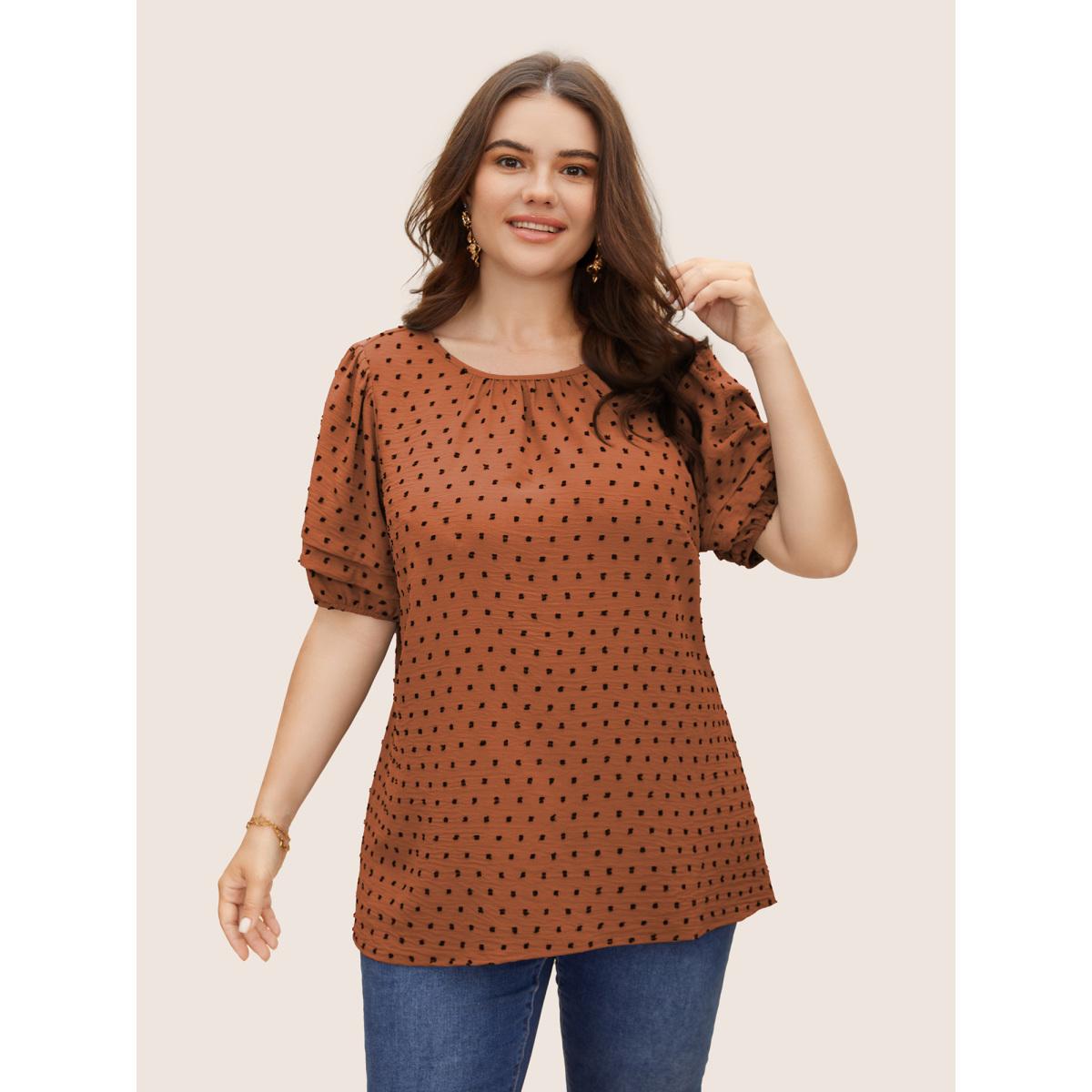 Plus Size Rust Textured Polka Dot Blouse Women Elegant Short sleeve Round Neck Everyday Blouses BloomChic 26/4X Product Image