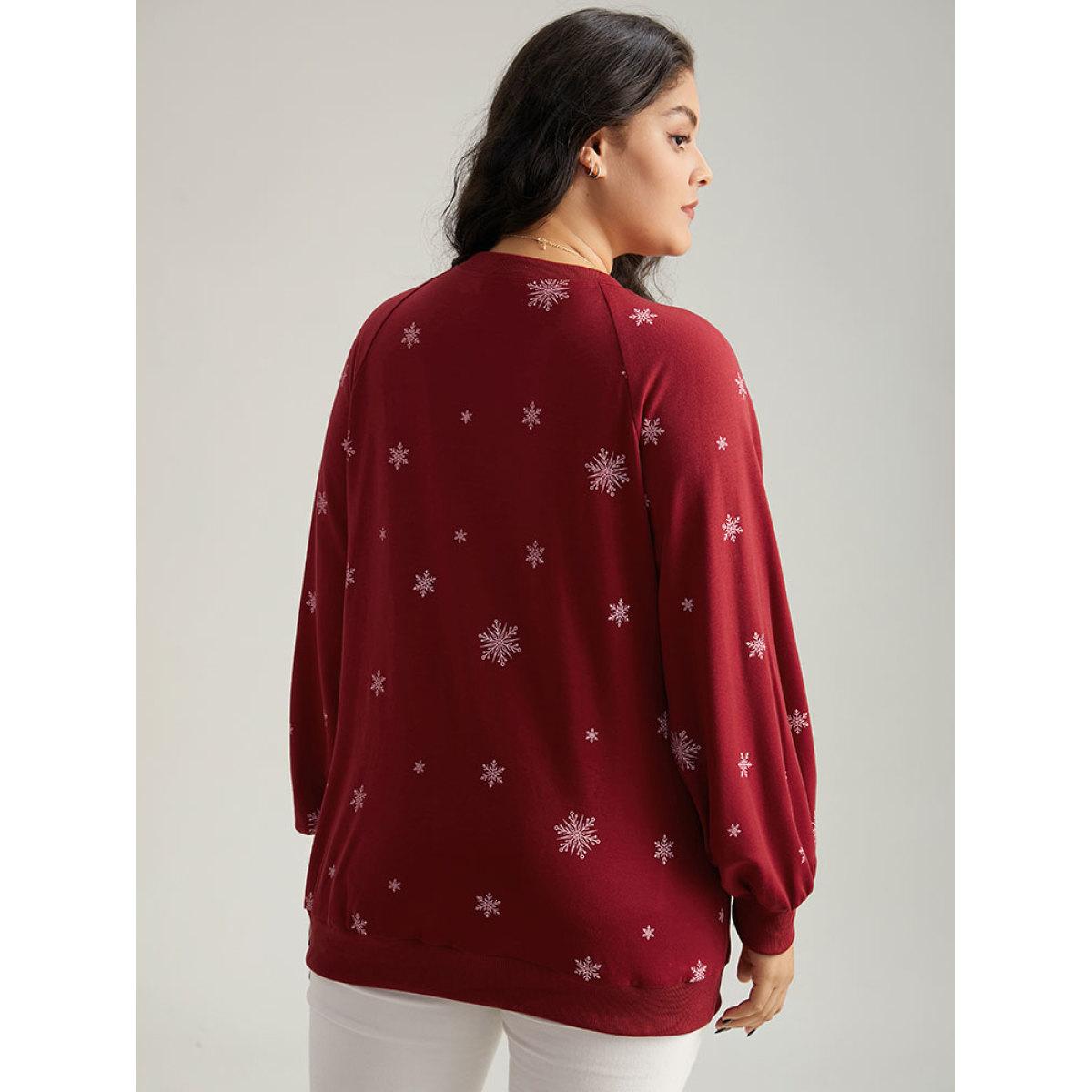 Plus Size Snowflake Print Raglan Sleeve Sweatshirt Women Red Casual Elastic cuffs Round Neck Festival-Christmas Sweatshirts BloomChic 10/M Product Image