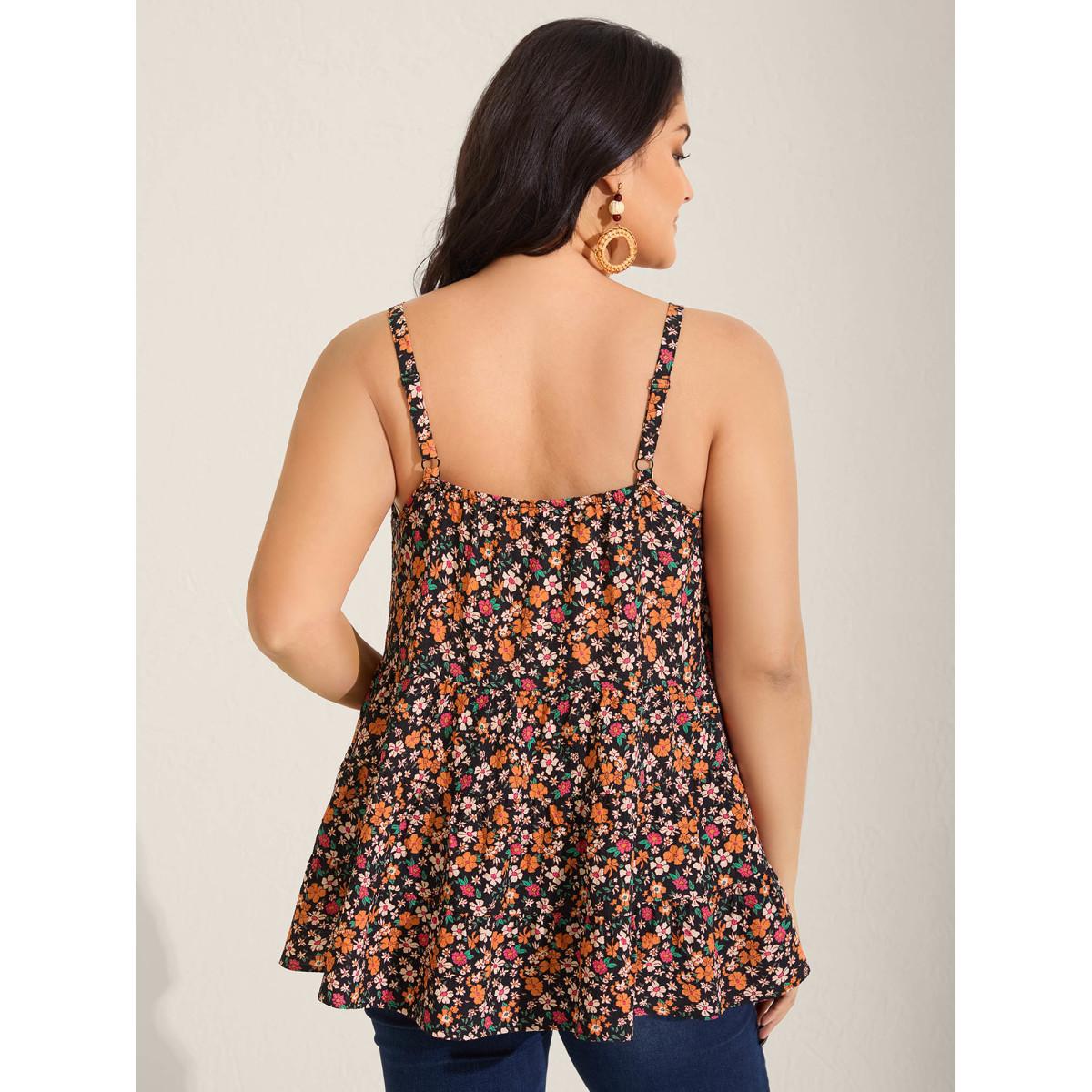 Plus Size Ditsy Floral Print Cami Tiered Tank Top Women BlackFlower Boho Tie knot Non Vacation Tank Tops Camis BloomChic 18-20/2X Product Image