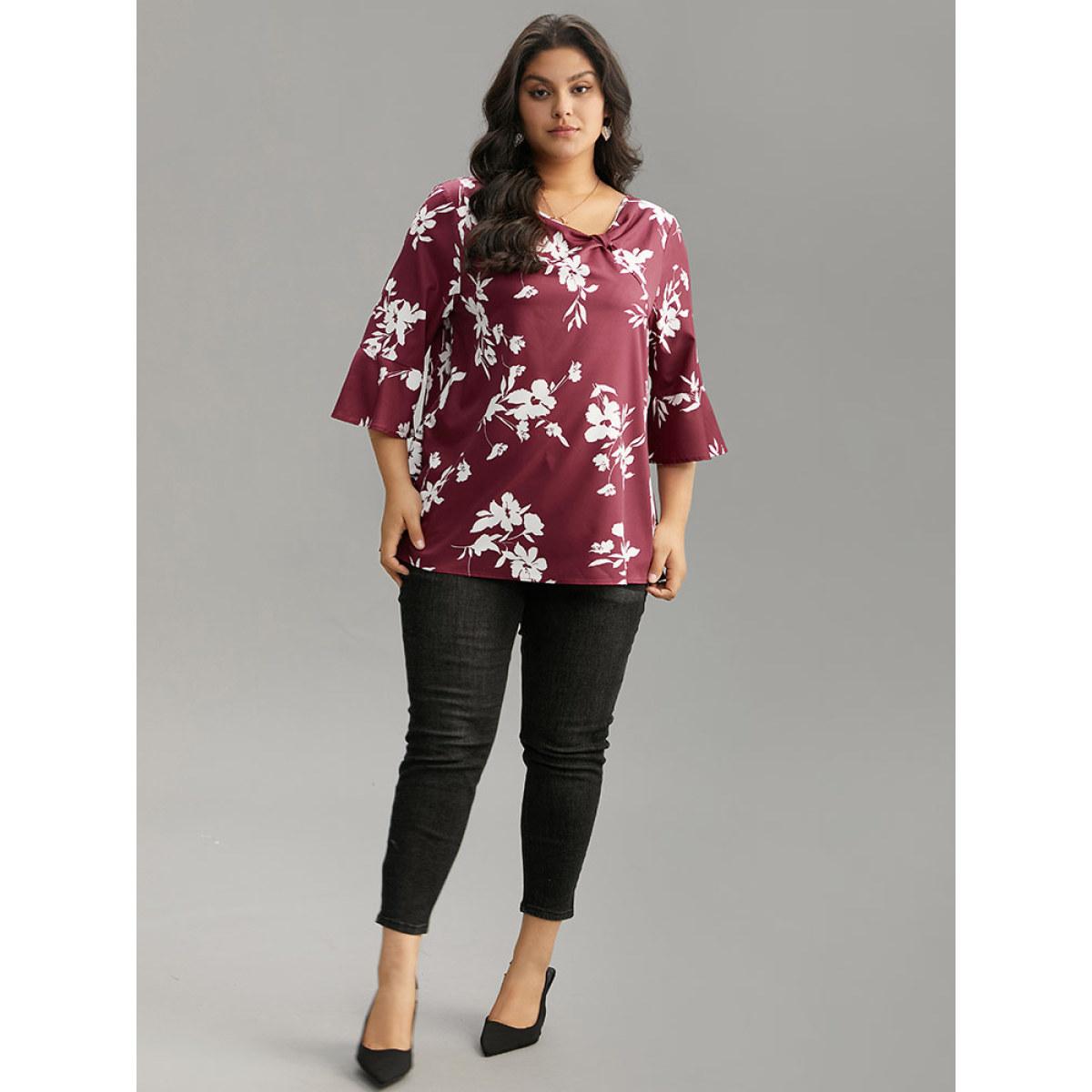 Plus Size Scarlet Silhouette Floral Print Ruffle Sleeve Twist Front Blouse Women Elegant Elbow-length sleeve Round Neck Party Blouses BloomChic 28/5X Product Image