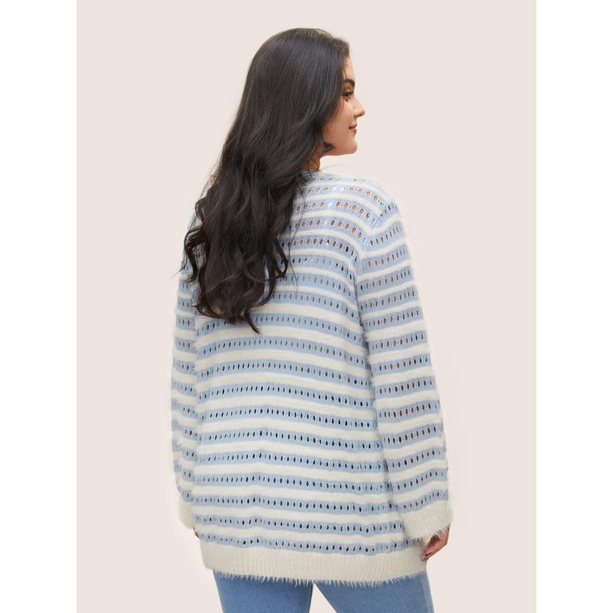 Plus Size Striped Contrast Ties Front Eyelet Cardigan LightBlue Women Casual Long Sleeve Everyday Cardigans BloomChic 10/M Product Image