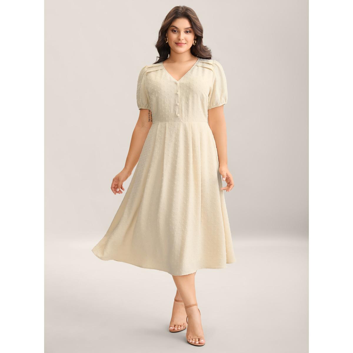 Plus Size Shoulder Pleats Textured Button Maxi Dress Apricot Women V-neck Short sleeve Curvy BloomChic 14-16/1X Product Image