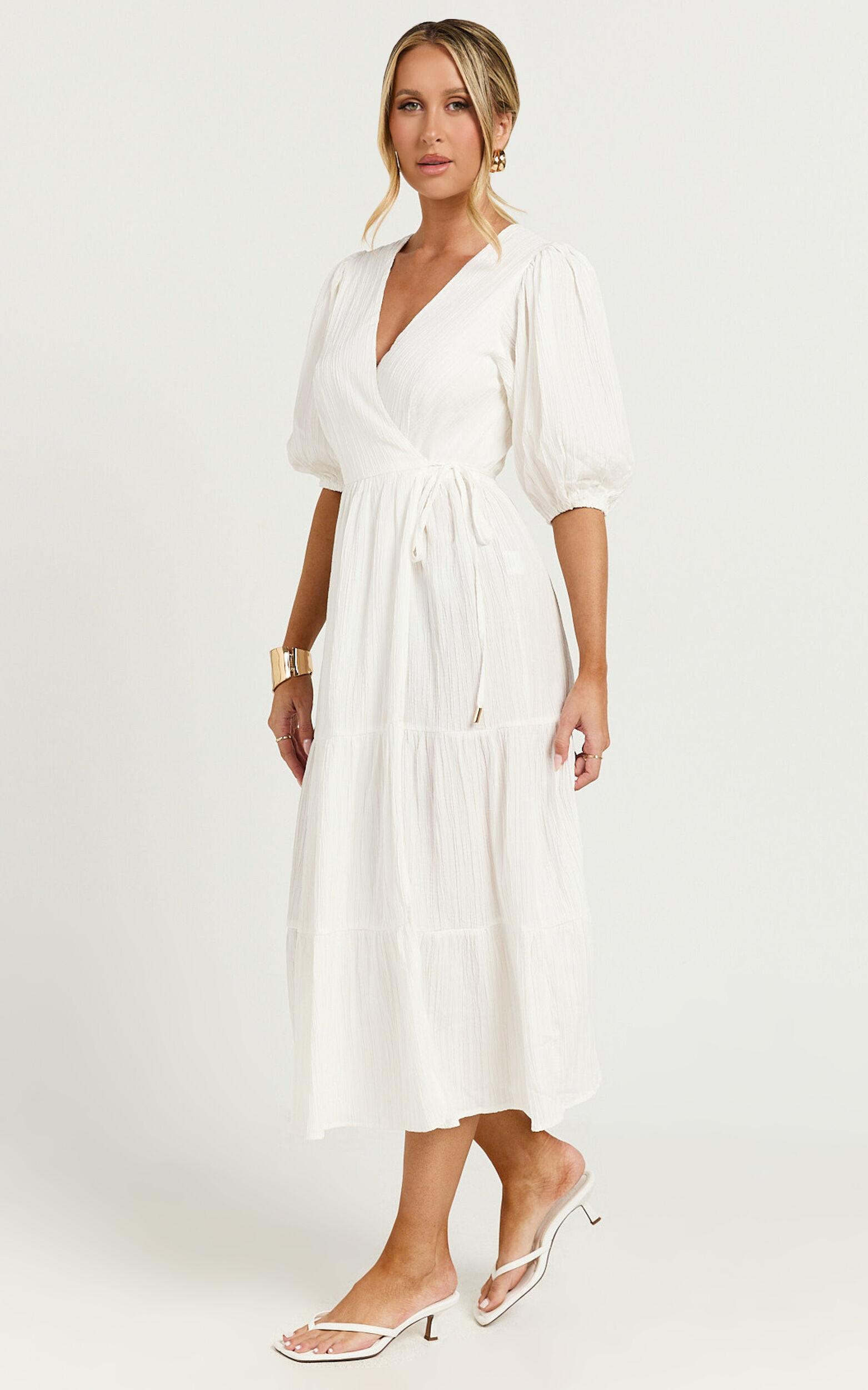 Junmae Midi Dress - Tiered Waffle Wrap Dress in Ivory Product Image