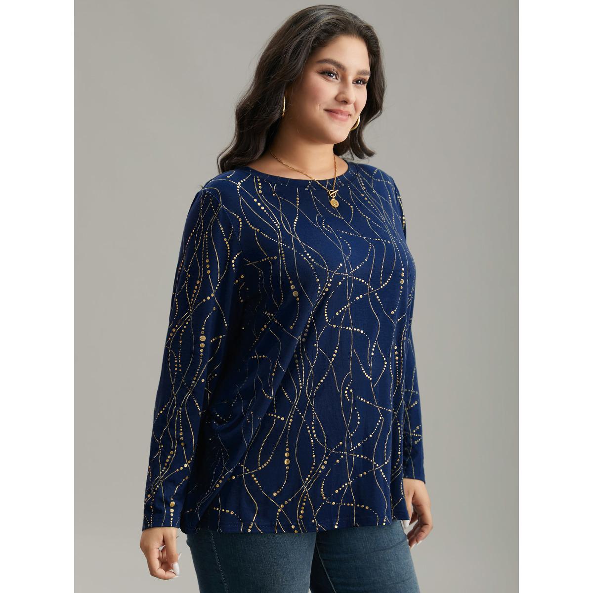 Plus Size Polka Dot Contrast Round Neck T-shirt DarkBlue Women Leisure Contrast Polka Dot Round Neck Casual T-shirts BloomChic 14-16/1X Product Image