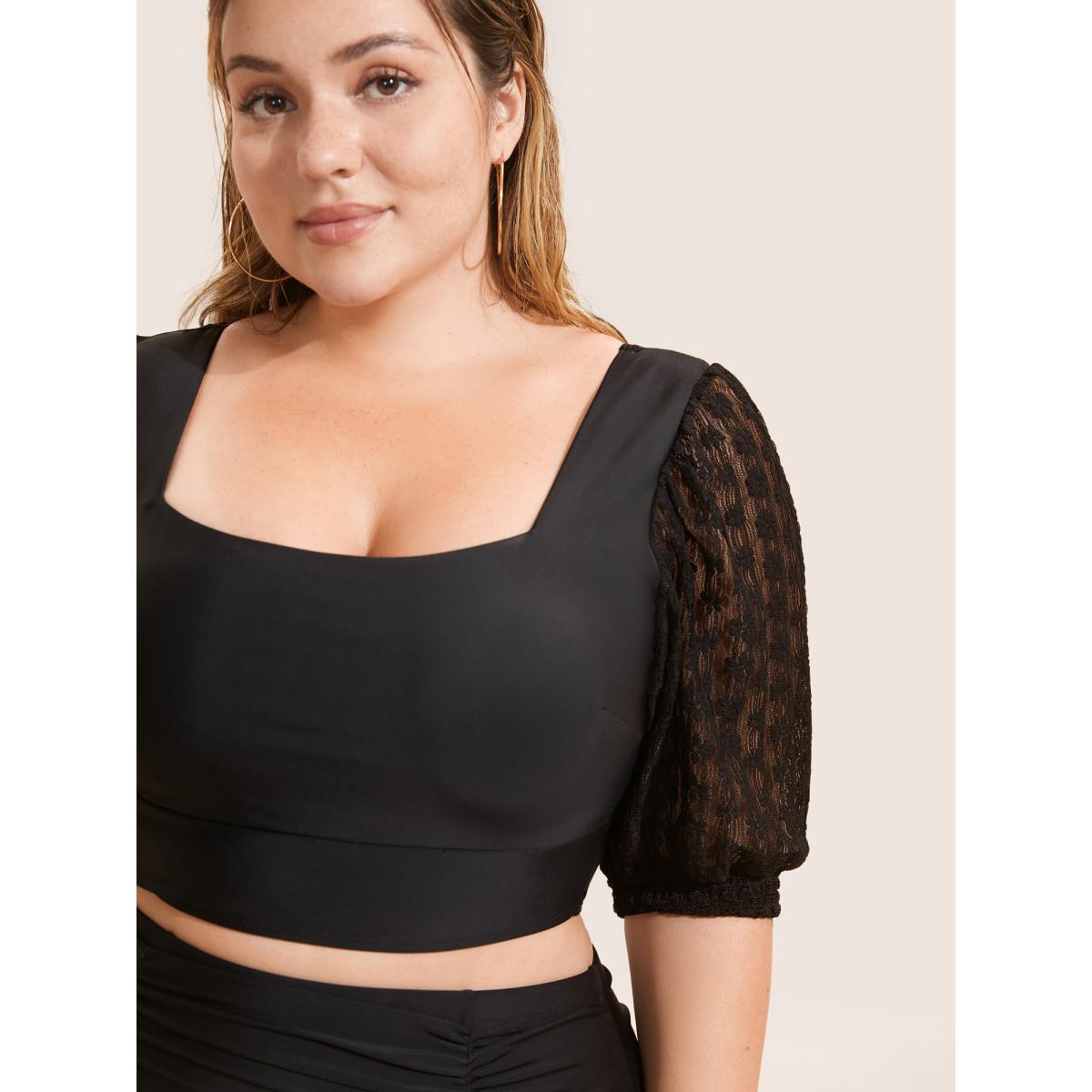 Plus Size Square Neck Patchwork See Through Swim Top Women's Swimwear Indigo Beach See through High stretch Skinny Square Neck Curve Swim Tops BloomChic 22-24/3X Product Image