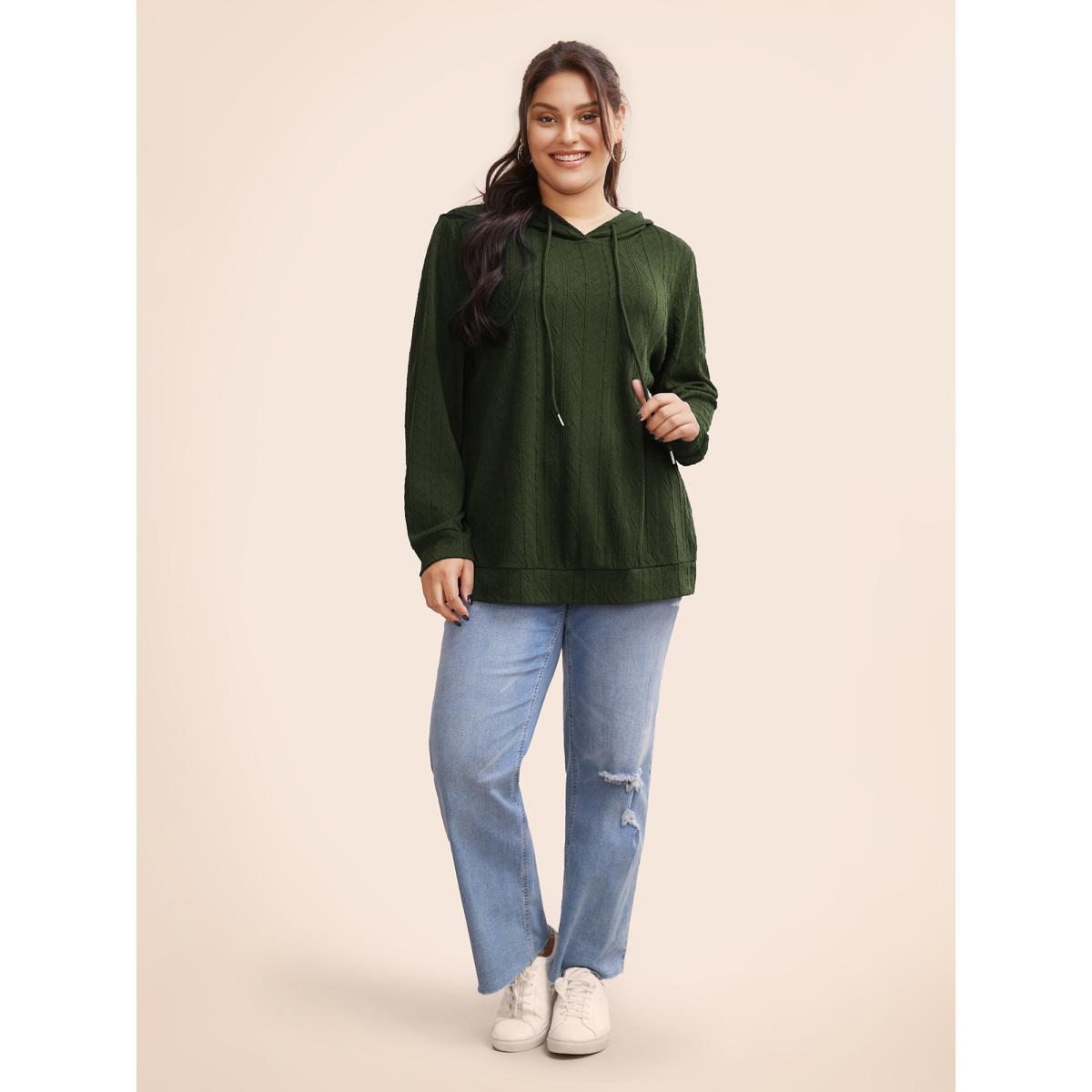 Plus Size Plain Textured Hooded Drawstring Sweatshirt Women Green Casual Elastic cuffs Hooded Everyday Sweatshirts BloomChic 12/L Product Image