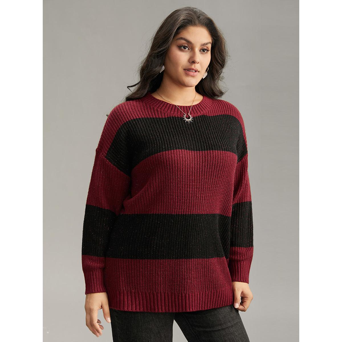 Plus Size Sparkly Two Tone Colorblock Pullover Scarlet Women Casual Loose Long Sleeve Round Neck Dailywear Pullovers BloomChic 18-20/2X Product Image