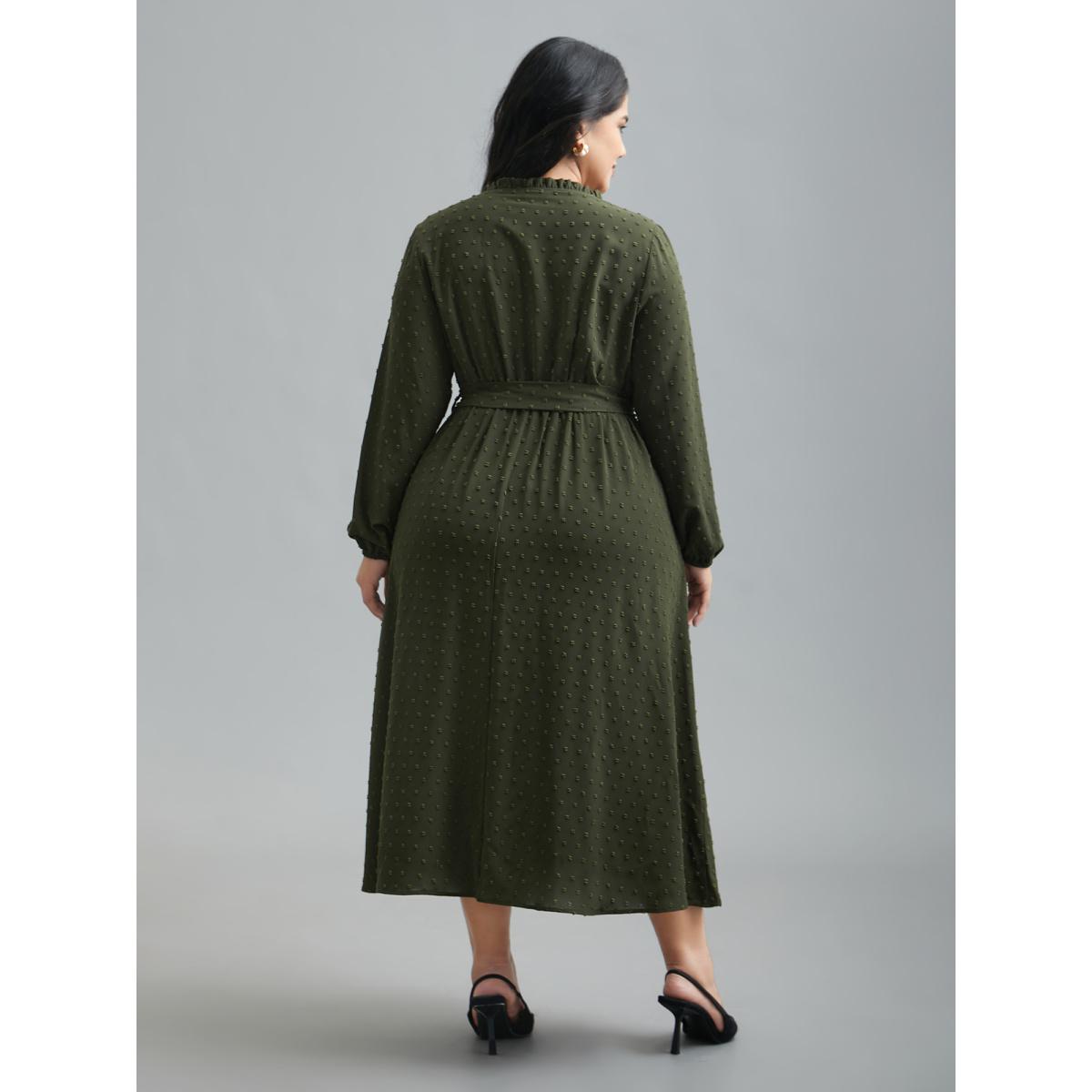 Plus Size Textured Waist-Tie Ruffled Edges Dress ArmyGreen Women Elegant Texture Round Neck Long Sleeve Curvy BloomChic 22-24/3X Product Image