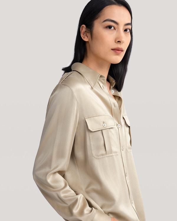LILYSILK Women's 22MM Sandwashed Silk Safari Shirt With Epaulets Safari Green XXL Product Image