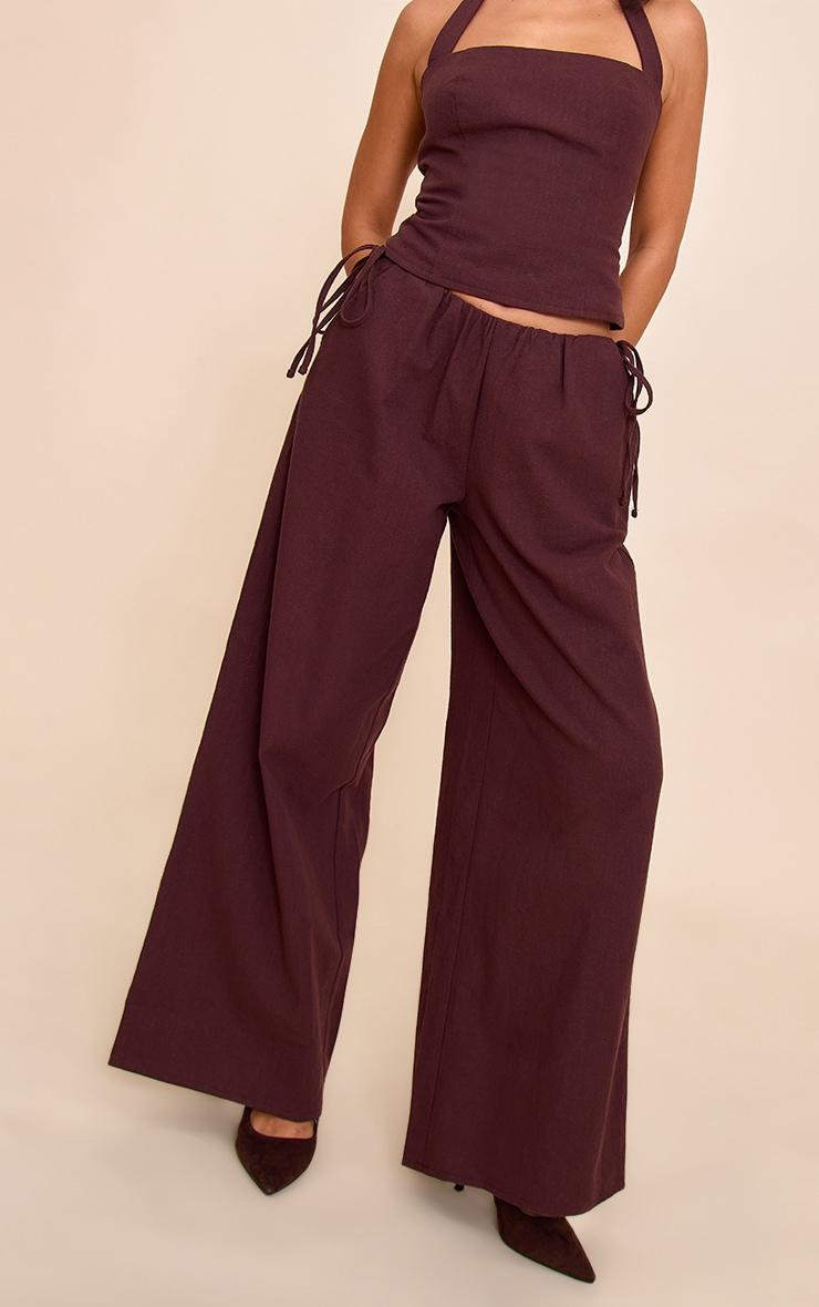 Deep Chocolate Premium Linen Side Tie Detail Wide Leg Pants Product Image