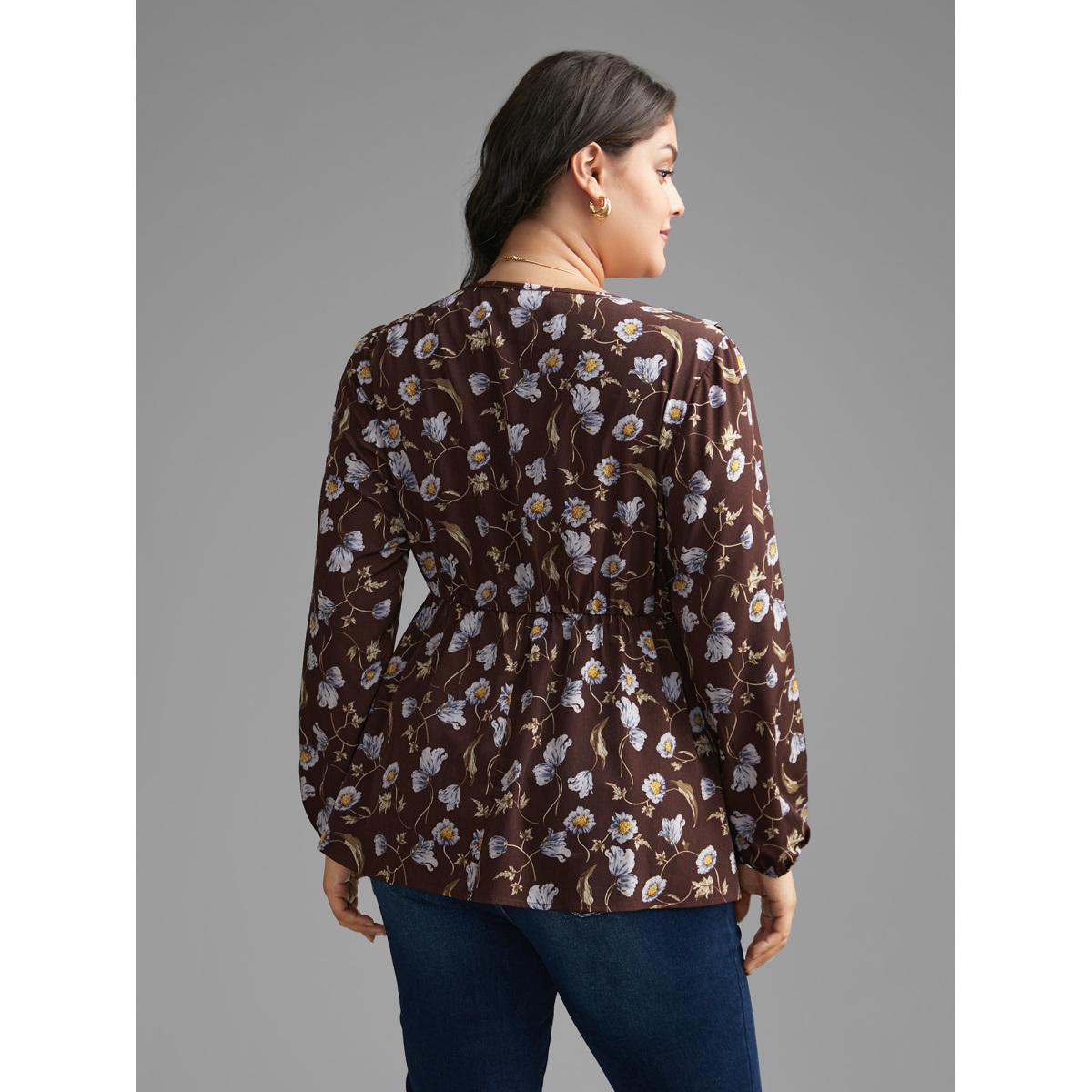 Plus Size DarkBrown Floral Lantern Sleeve Frill Trim Blouse Women Elegant Long Sleeve V-neck Everyday Blouses BloomChic 28/5X Product Image