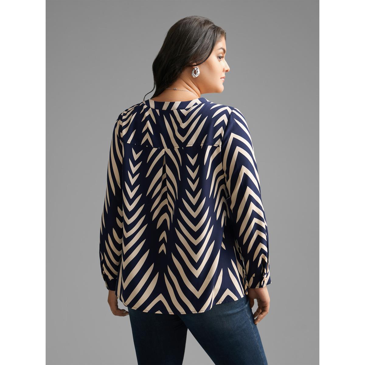 Plus Size Indigo Geometric Notched Pleated Slit Hem Blouse Women At the Office Extra Long Sleeve Notched collar Work Blouses BloomChic 30/6X Product Image