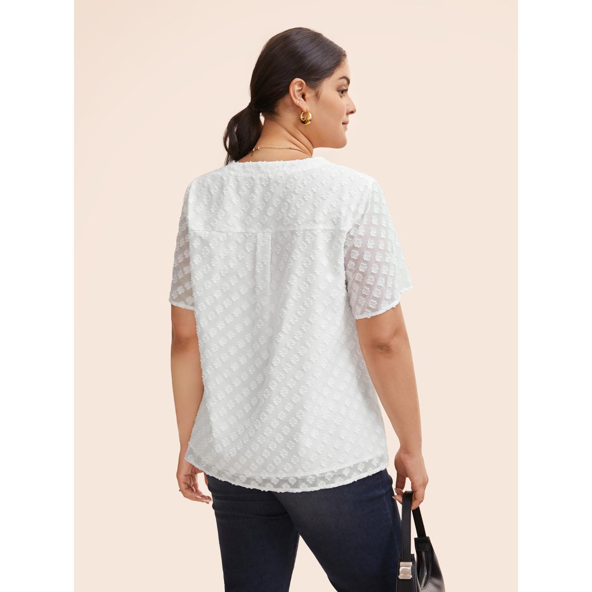 Plus Size Originalwhite Jacquard Notched Tiered Mesh Blouse Women Work From Home Half Sleeve Flat collar with V-notch Work Blouses BloomChic 14-16/1X Product Image