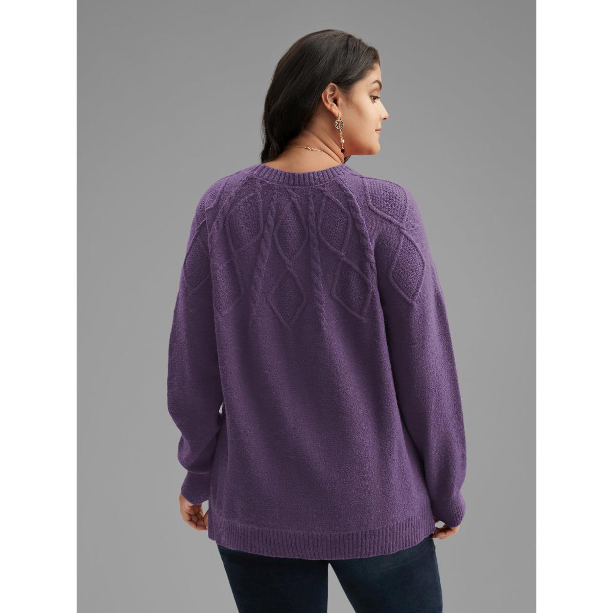 Plus Size Cable Knit Bodice Crew-Neck Pullover Mauve Women Casual Loose Long Sleeve Round Neck Everyday Pullovers BloomChic 12/L Product Image