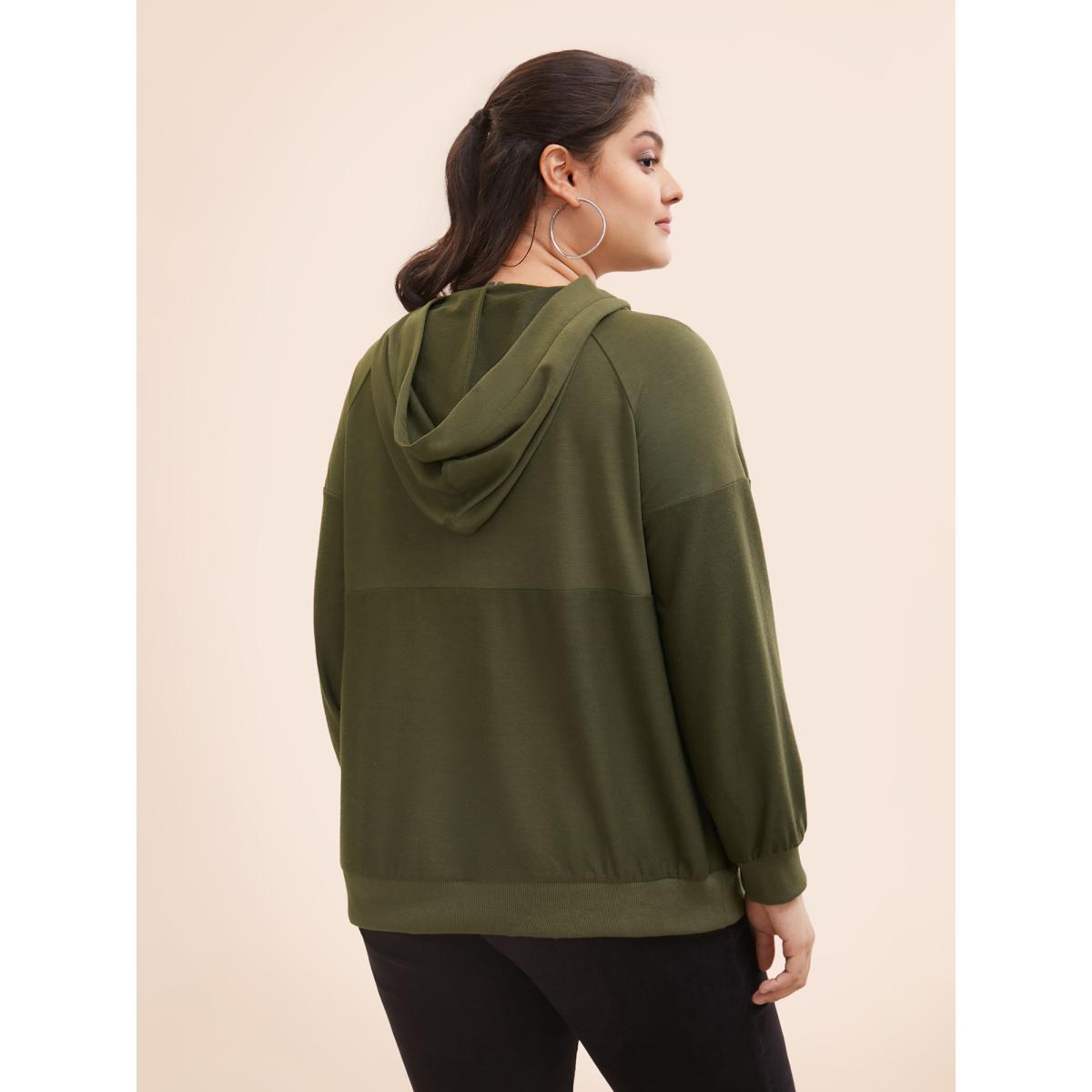 Plus Size Solid Button Up Raglan Sleeve Hooded Sweatshirt Women ArmyGreen Casual Patchwork Hooded Everyday Sweatshirts BloomChic 14-16/1X Product Image