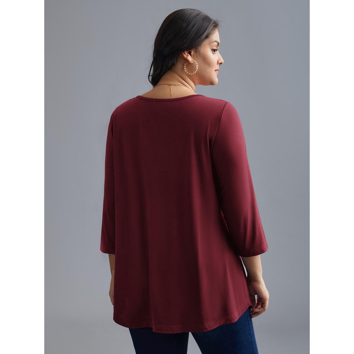 Plus Size Asymmetrical Hem Overlap Long T-shirt DarkBrown Women Leisure Tucked seam Round Neck Loose Casual T-shirts BloomChic 28/5X Product Image