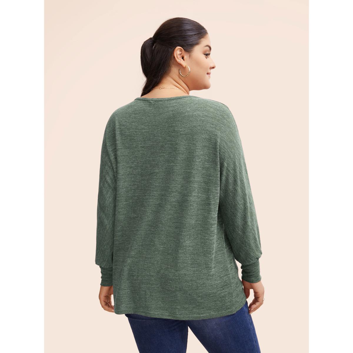 Plus Size Plain Heather Elastic cuffs Dolman Sleeve T-shirt Green Women Casual Elastic cuffs Plain Round Neck Everyday T-shirts BloomChic 14-16/1X Product Image