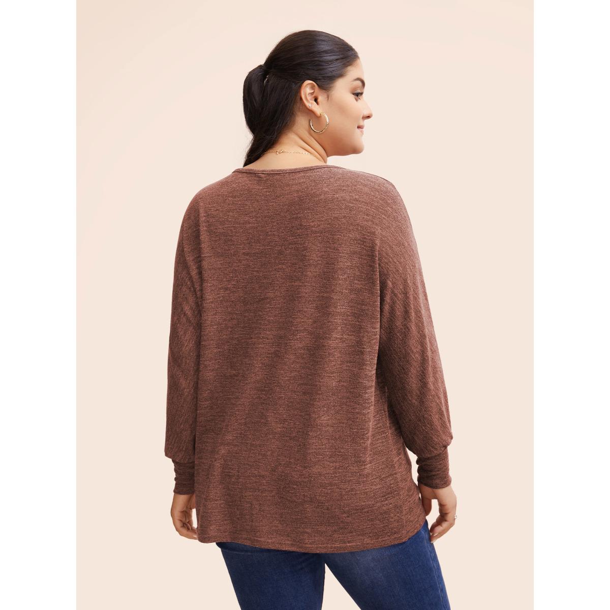 Plus Size Plain Heather Elastic cuffs Dolman Sleeve T-shirt Rust Women Casual Elastic cuffs Plain Round Neck Everyday T-shirts BloomChic 30/6X Product Image