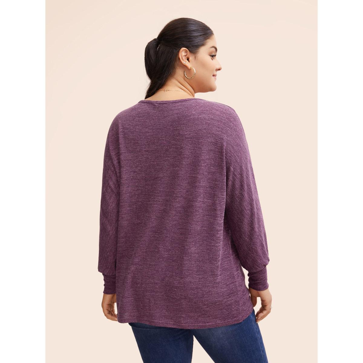 Plus Size Plain Heather Elastic cuffs Dolman Sleeve T-shirt Purple Women Casual Elastic cuffs Plain Round Neck Everyday T-shirts BloomChic 10/M Product Image