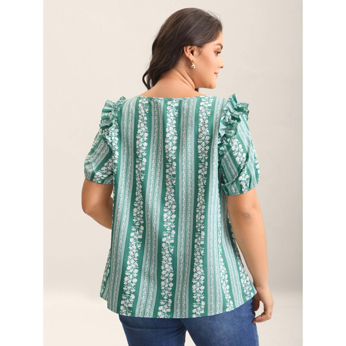 Plus Size Teal Floral Print Ruffled Detail Sleeve Blouse Women Short sleeve Flat collar with V-notch Everyday-Elegant Blouses BloomChic 26/4X Product Image