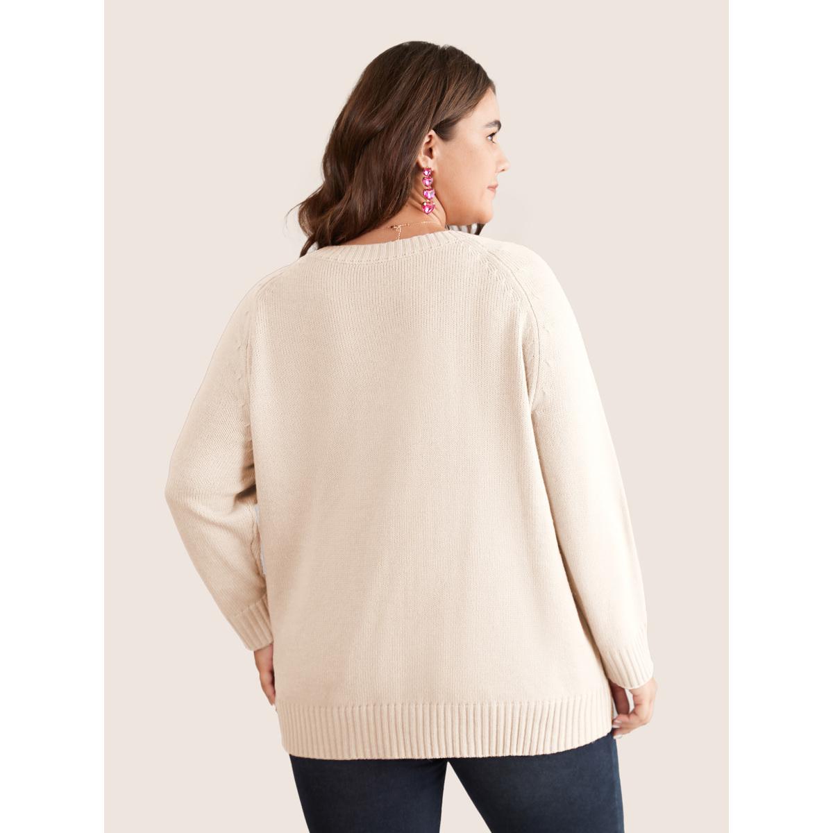 Plus Size Heart Cable Knit Two Tone Raglan Sleeve Pullover Ivory Women Playful Long Sleeve Round Neck Casual Pullovers BloomChic 12/L Product Image