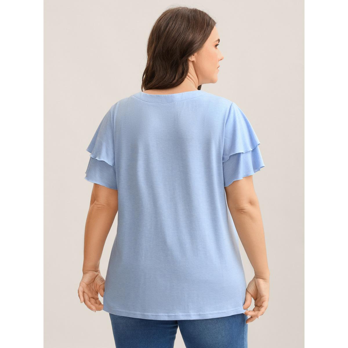Plus Size Layered Lotus Leaf Sleeve Plain T-Shirt LightBlue Women Leisure Button Notched collar Casual T-shirts BloomChic 22-24/3X Product Image