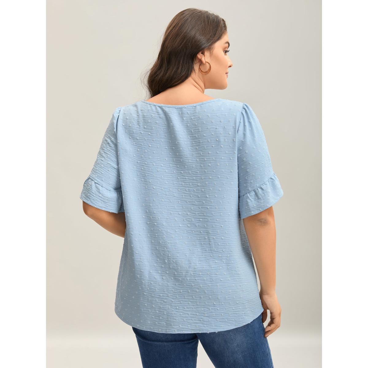 Plus Size LightBlue Textured Floral Embroidered Flared Sleeve Shirt Women Boho Short sleeve Square Neck Vacation Blouses BloomChic 18-20/2X Product Image