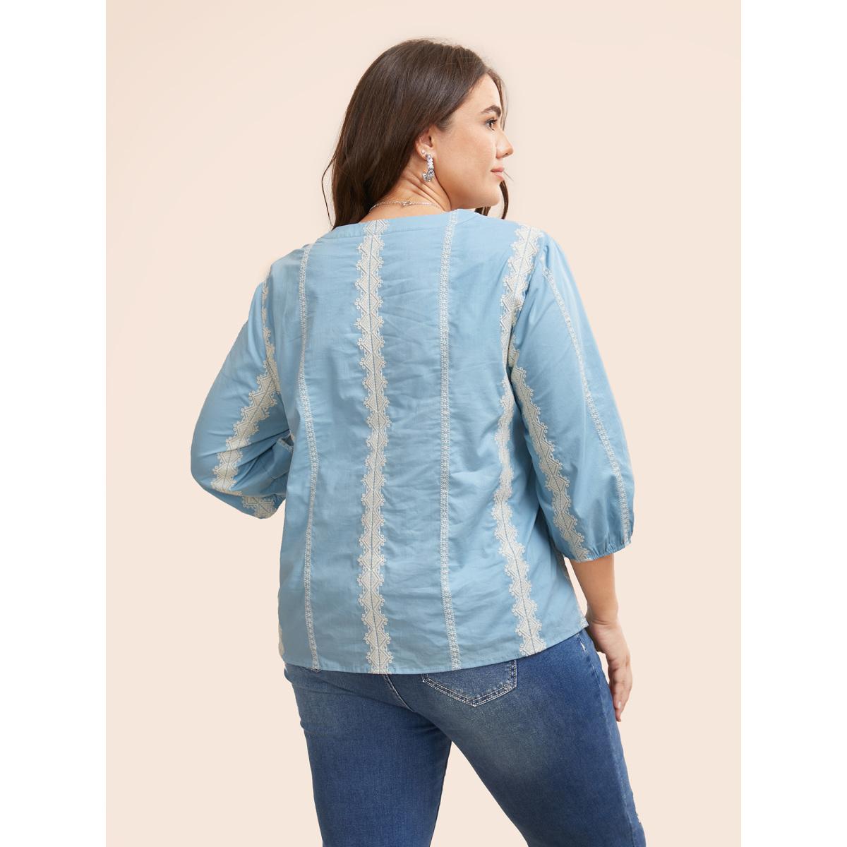 Plus Size LightBlue Striped Notched Embroidered Button Detail Blouse Women Resort Elbow-length sleeve Notched collar Vacation Blouses BloomChic 10/M Product Image
