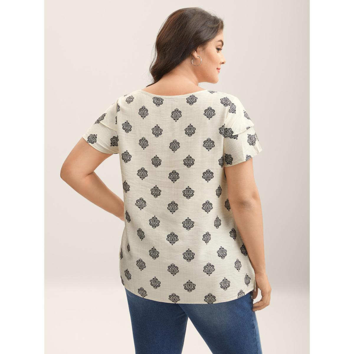 Plus Size Ivory Boho Print Layered Sleeve Shirt Women Short sleeve Round Neck Vacation Blouses BloomChic 10/M Product Image