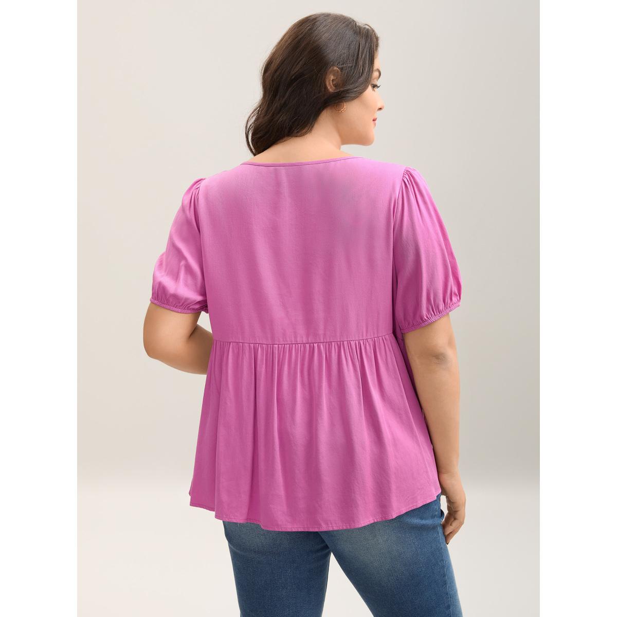 Plus Size Peach Bow Detail Plain Babydoll Puff Sleeve Shirt Women Short sleeve Round Neck Everyday-Elegant Blouses BloomChic 18-20/2X Product Image