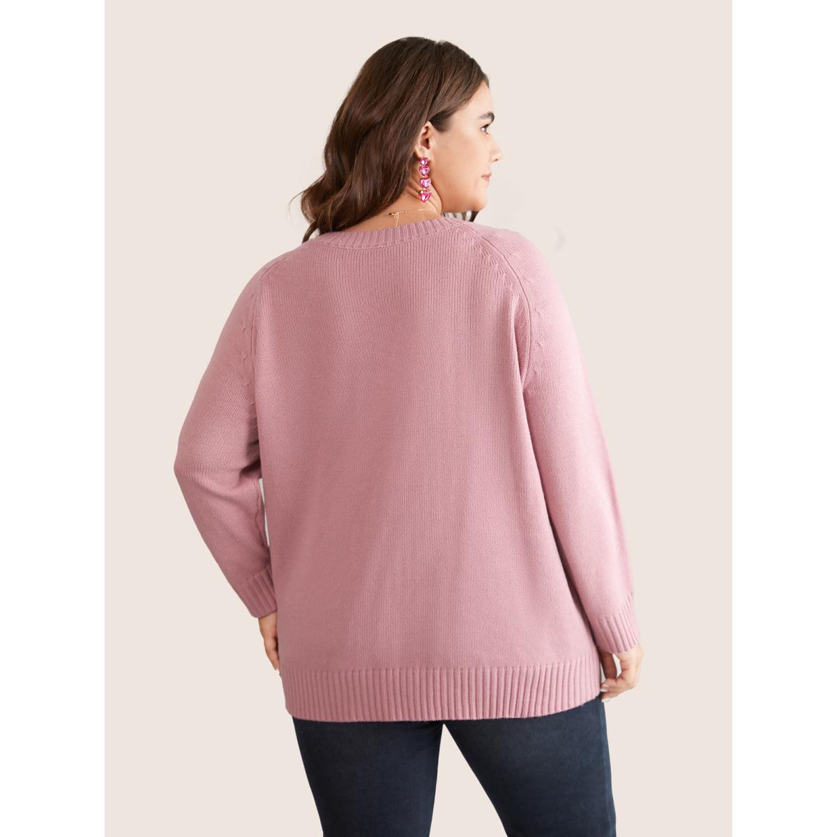 Plus Size Heart Cable Knit Two Tone Raglan Sleeve Pullover DustyPink Women Casual Long Sleeve Round Neck Everyday Pullovers BloomChic 26/4X Product Image