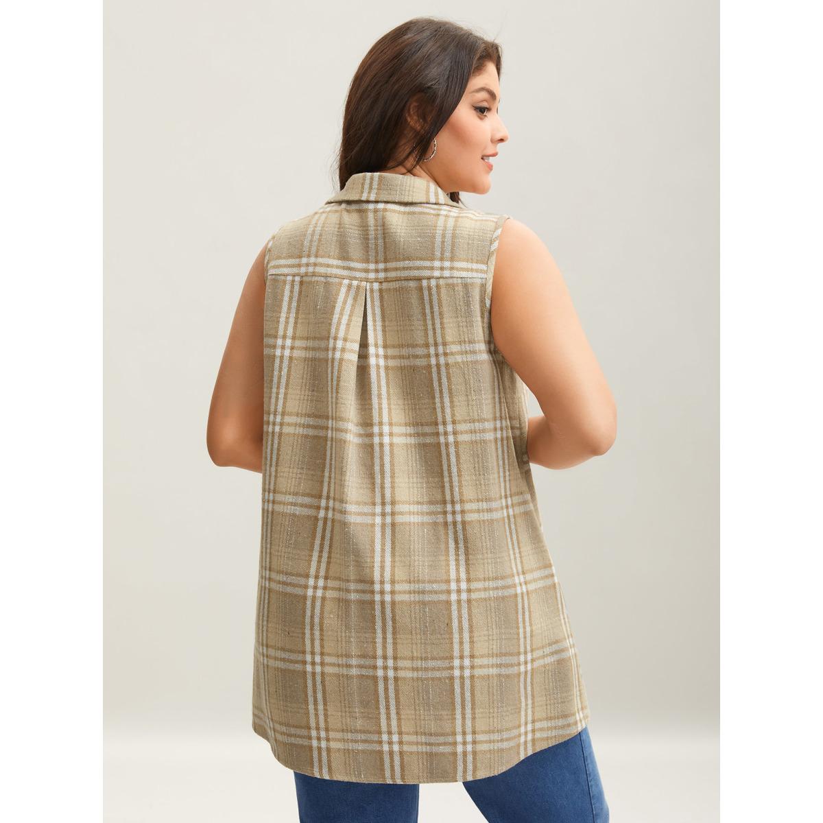 Plus Size Plaid Flap Detail Sleeveless Jacket Women LightBrown Button Side seam pocket Everyday Jackets BloomChic 28/5X Product Image