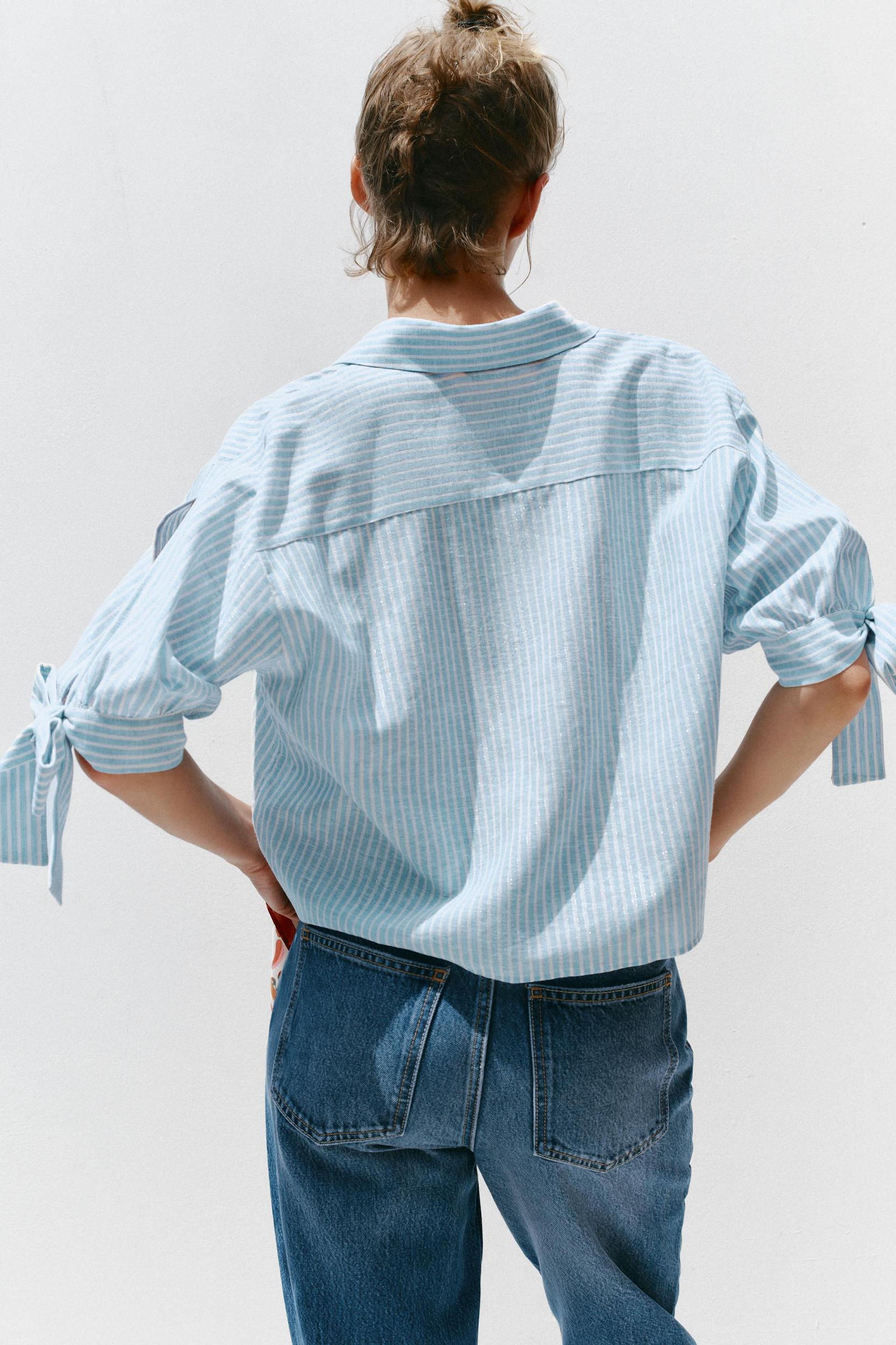 STRIPED LINEN BOW SHIRT Product Image