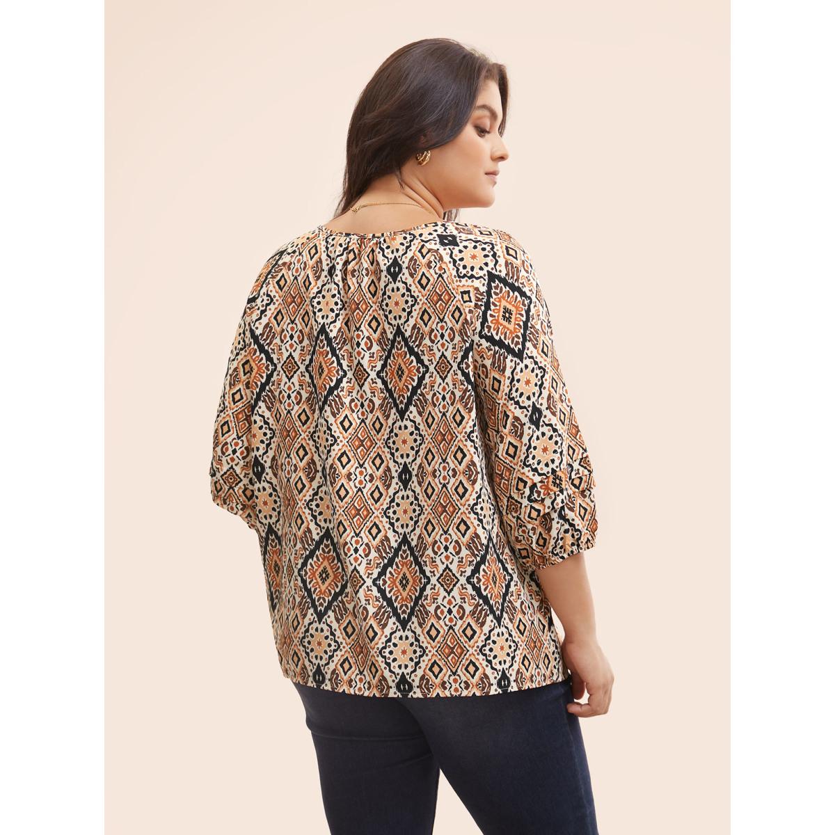 Plus Size Browncoffeecolor Bandana Geometric Pleated Lantern Sleeve Blouse Women Timeless Elbow-length sleeve V-neck Elegant Blouses BloomChic 18-20/2X Product Image