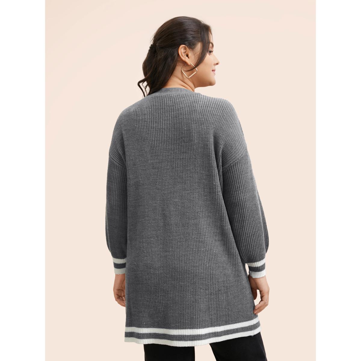 Plus Size Texture Striped Patchwork Patched Pocket Cardigan DarkGray Women Casual Loose Long Sleeve Everyday Cardigans BloomChic 30/6X Product Image