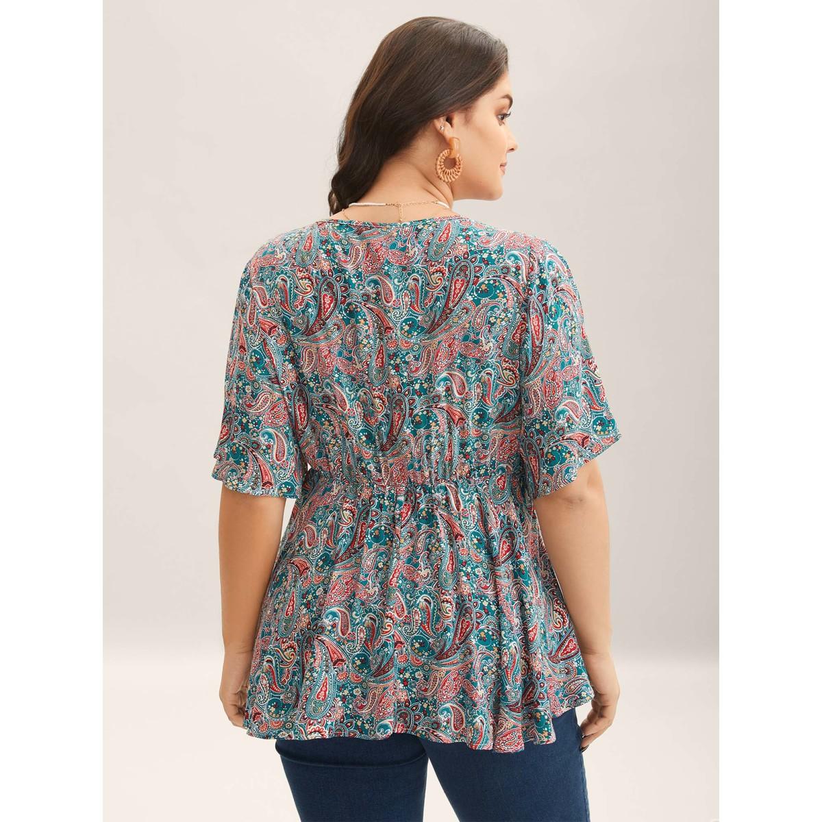 Plus Size DarkGreen Paisley Print V-Neck Flared Sleeve Blouse Women Boho Half Sleeve V-neck Vacation Blouses BloomChic 12/L Product Image