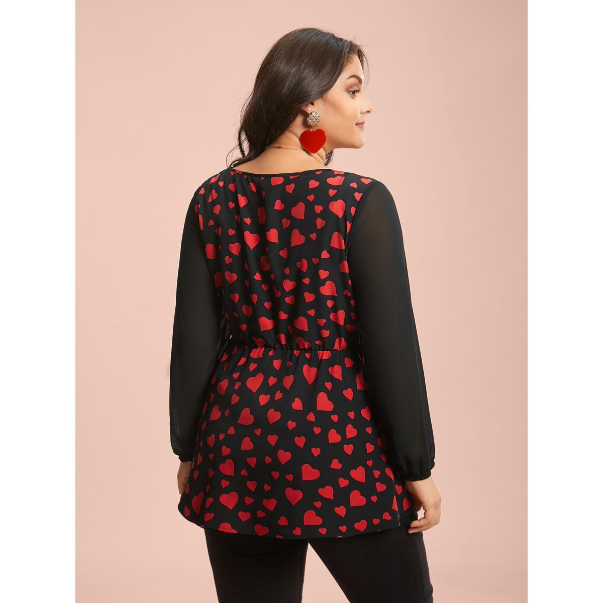 Plus Size Black Heart Print Patchwork Waist-Tie Blouse Women Romantic Extra Long Sleeve Square Neck Elegant Blouses BloomChic 14-16/1X Product Image