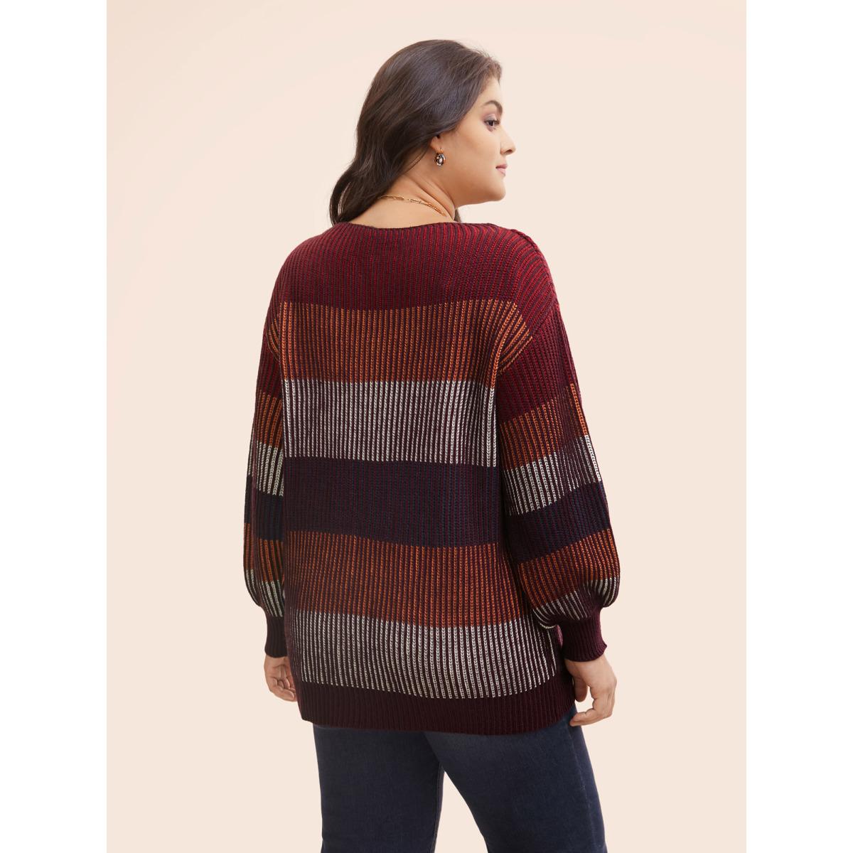 Plus Size Textured Striped Contrast Patchwork Pullover Deepred Women Casual Long Sleeve Round Neck Everyday Pullovers BloomChic 12/L Product Image