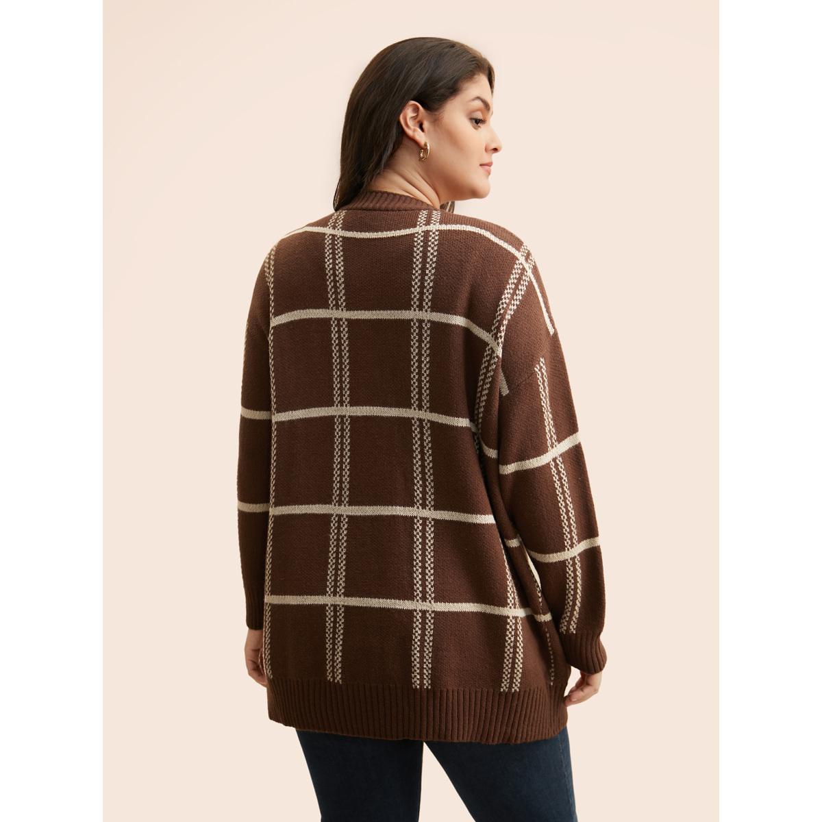 Plus Size Plaid Button Up Pocket Cardigan Browncoffeecolor Women Leisure Loose Long Sleeve Casual Cardigans BloomChic 18-20/2X Product Image