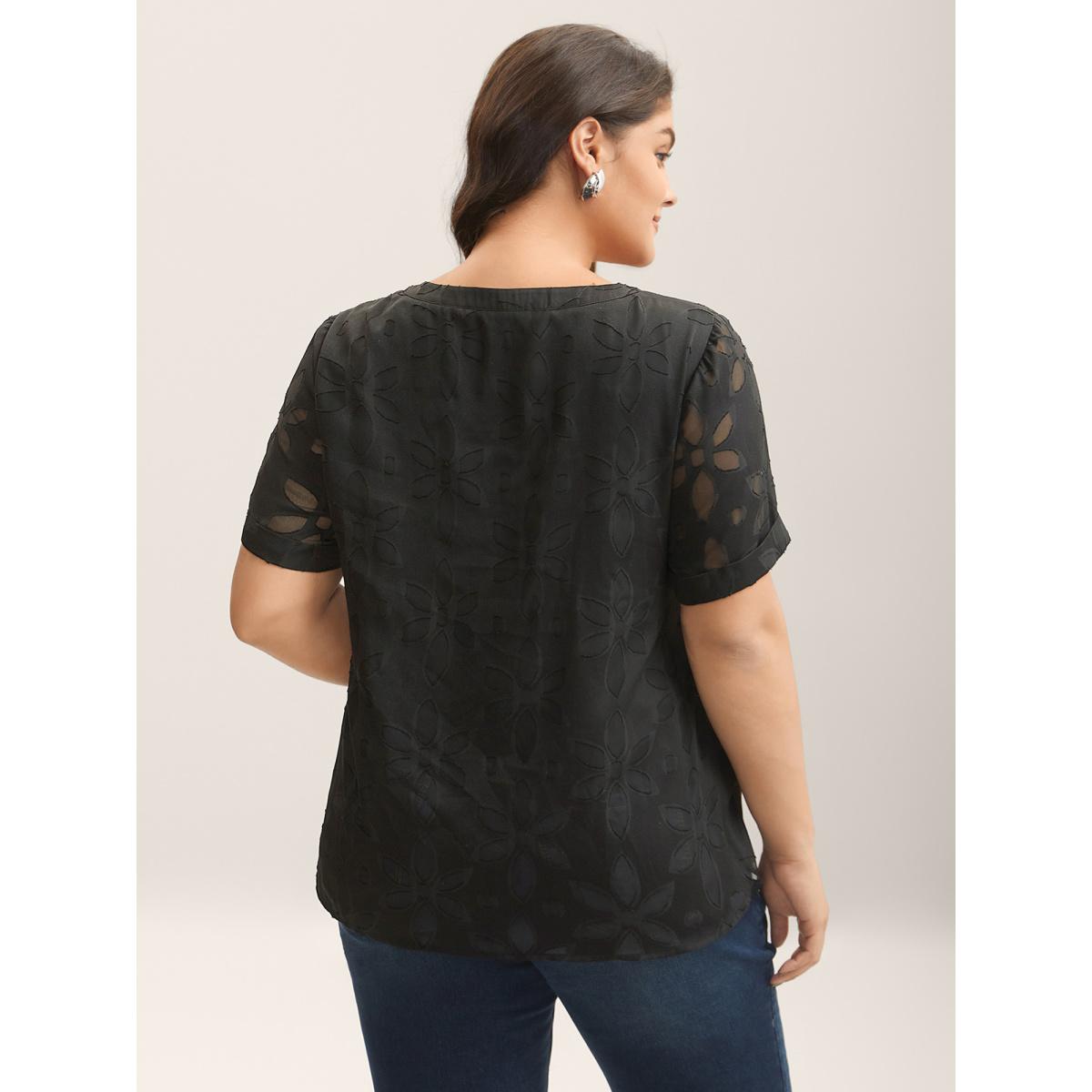 Plus Size Black Floral Cut Print Notched Neck Blouse Women Short sleeve Notched collar Work Blouses BloomChic 14-16/1X Product Image