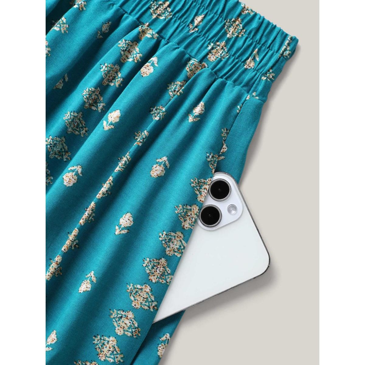 Plus Size Boho Geometric Print Tiered Maxi Skirt Women Turquoise Elegant Drawstring Bodycon Low stretch Slanted pocket Everyday-Elegant Skirts BloomChic 26/4X Product Image