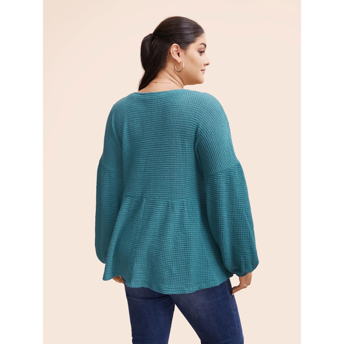 Plus Size Waffle Knit Lantern Sleeve Flutter Hem Sweatshirt Women Cerulean Elegant Texture V-neck Dailywear Sweatshirts BloomChic 14-16/1X Product Image