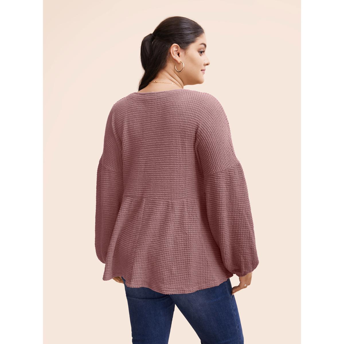 Plus Size Waffle Knit Lantern Sleeve Flutter Hem Sweatshirt Women DustyPink Elegant Texture V-neck Dailywear Sweatshirts BloomChic 10/M Product Image