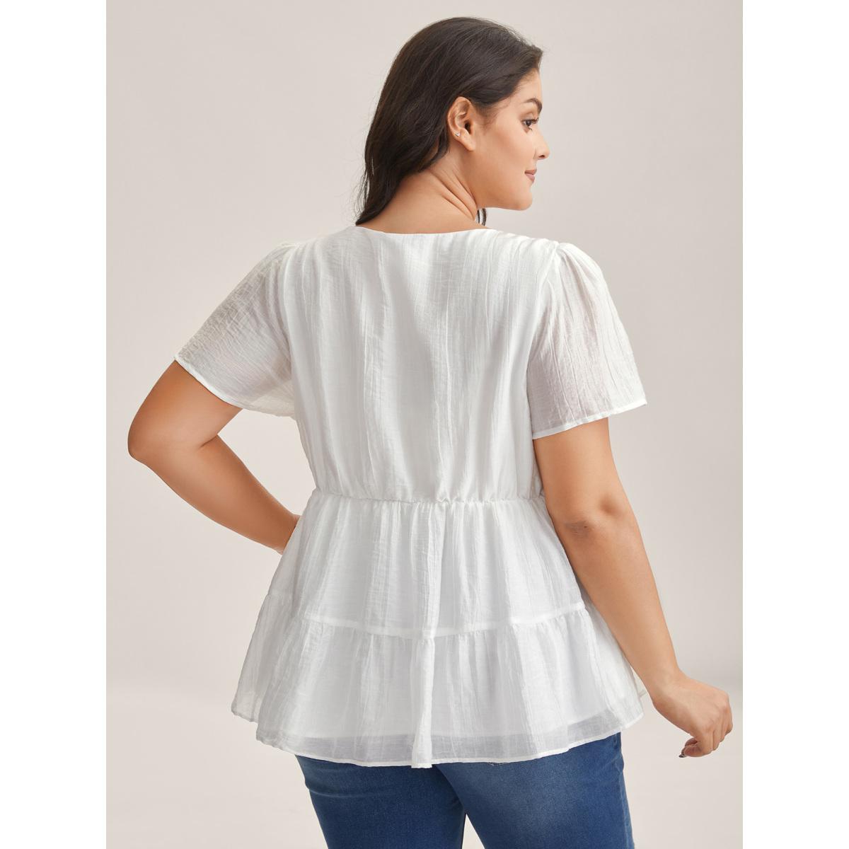 Plus Size Originalwhite Sheer V-Neck Tie Tiered Blouse Women Leisure Short sleeve V-neck Casual Blouses BloomChic 28/5X Product Image